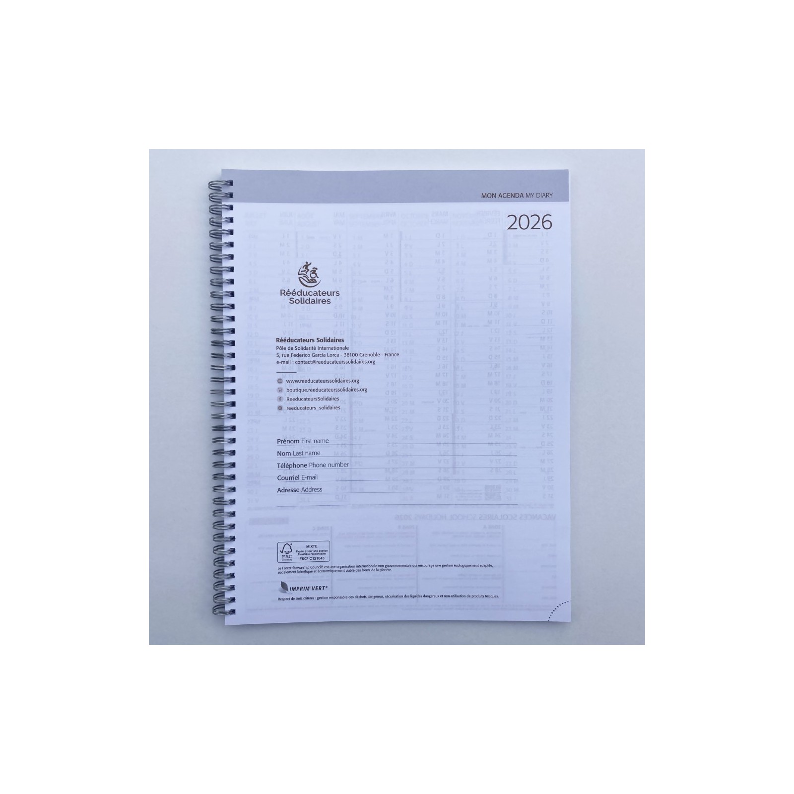 première page intérieure personnalisée de l'agenda professionnel